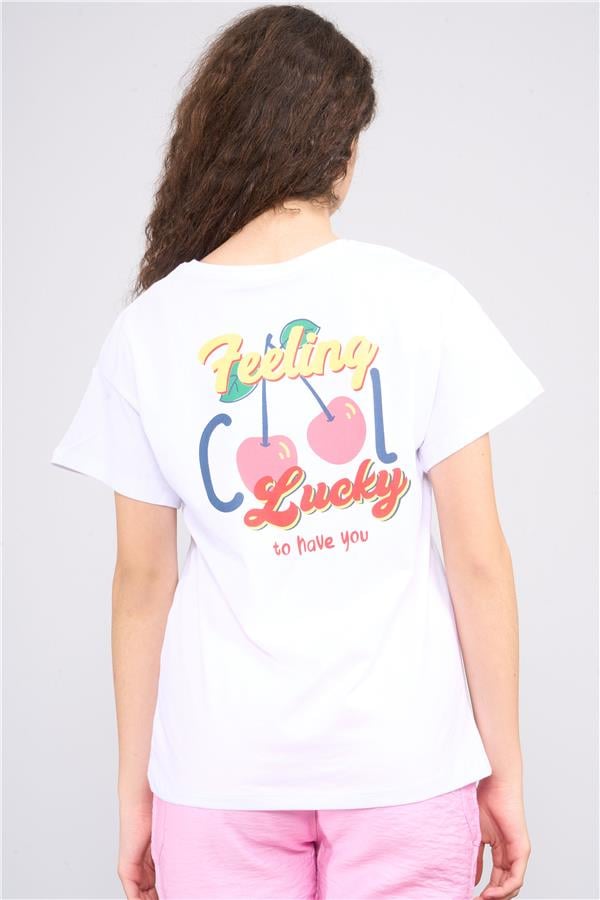 Fit Club 32552 Kız Çocuk Bisiklet Yaka Openend Baskılı T-shirt 4-12 Yaş Beyaz