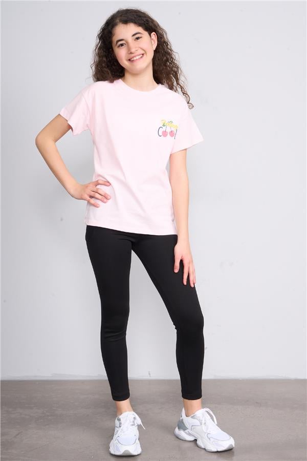 Fit Club 32552 Kız Çocuk Bisiklet Yaka Openend Baskılı T-shirt 4-12 Yaş Şerbet Pembe