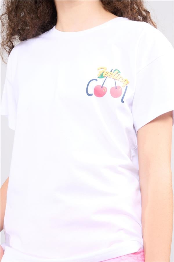 Fit Club 32552 Kız Çocuk Bisiklet Yaka Openend Baskılı T-shirt 4-12 Yaş Beyaz