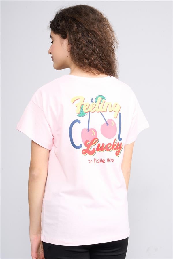 Fit Club 32552 Kız Çocuk Bisiklet Yaka Openend Baskılı T-shirt 4-12 Yaş Şerbet Pembe