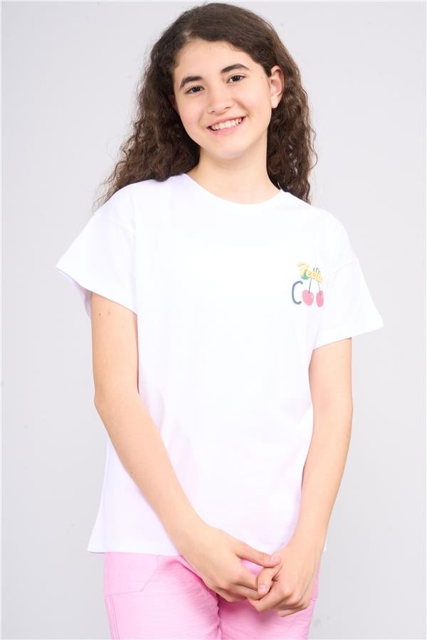 Fit Club 32552 Kız Çocuk Bisiklet Yaka Openend Baskılı T-shirt 4-12 Yaş Beyaz