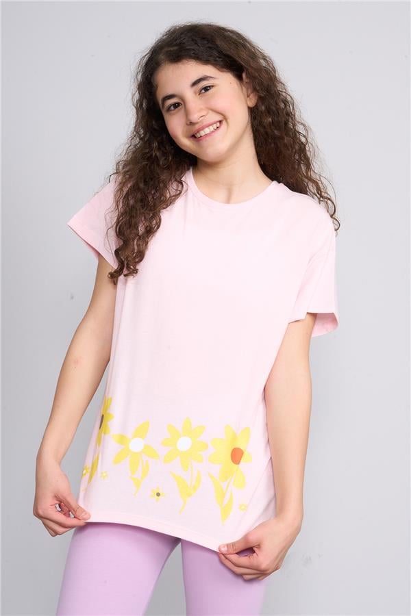 Fit Club 32553 Kız Çocuk Bisiklet Yaka Openend Baskılı T-shirt 4-12 Yaş Şerbet Pembe