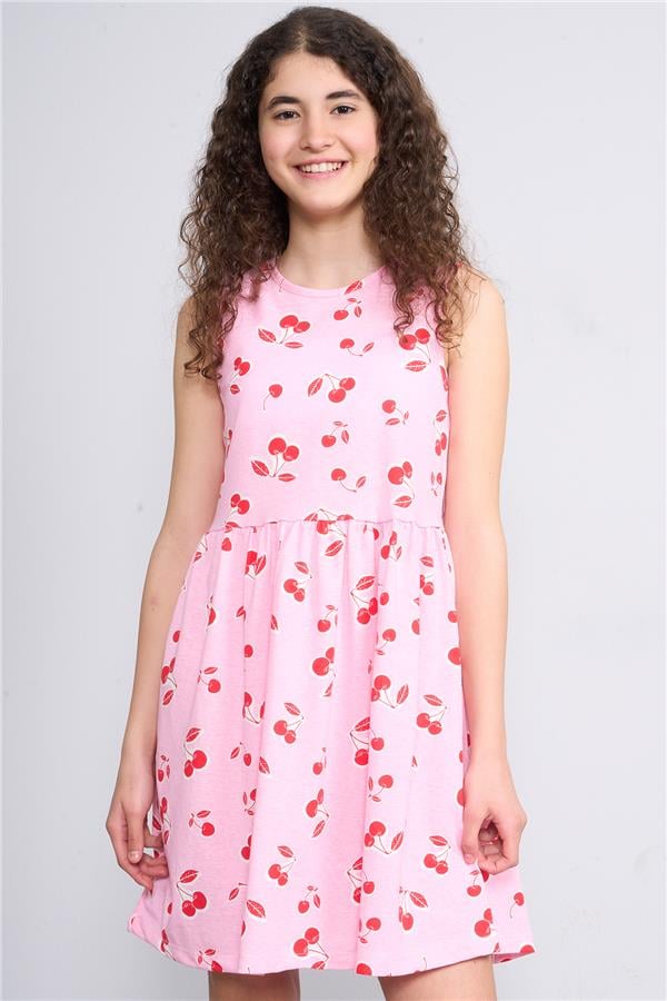 Fit Club 35637 Kız Çocuk Bisiklet Yaka Openend Elbise 4-12 Yaş Pembe Üzeri Kiraz Desen