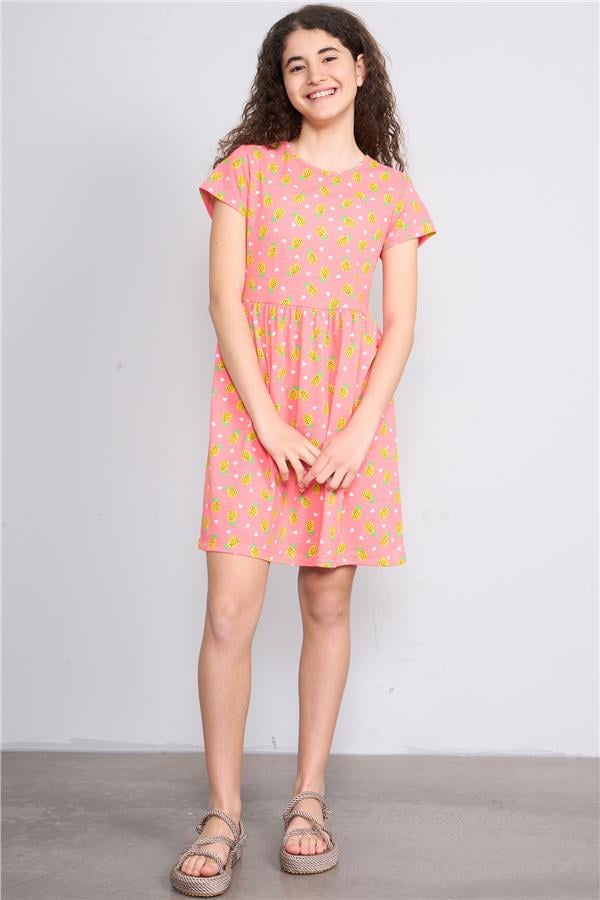 Fit Club 35638 Kız Çocuk Bisiklet Yaka Openend Elbise 4-12 Yaş Ananas Desen