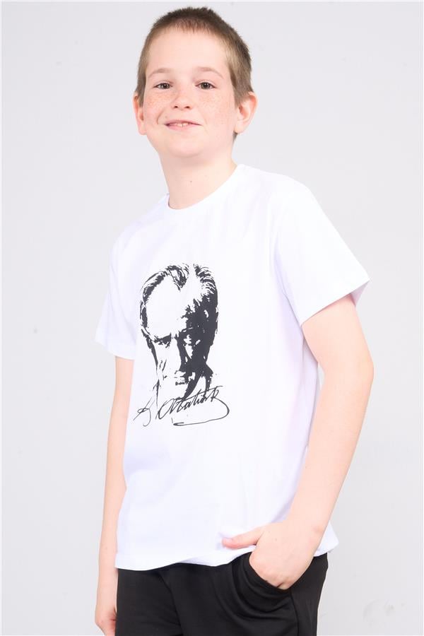 Fit Club 82451 Unisex Çocuk Bisiklet Yaka Atatürk Baskılı Süprem T-shirt 4-16 Yaş Beyaz