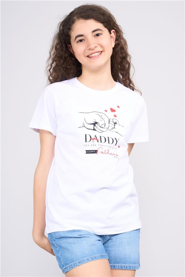 FitClub 32542 Kız Çocuk Bisiklet Yaka Penye Baskılı T-shirt 4-12 Yaş Beyaz-Pembe