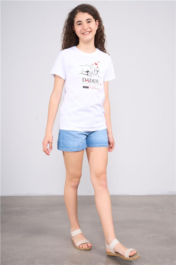 FitClub 32542 Kız Çocuk Bisiklet Yaka Penye Baskılı T-shirt 4-12 Yaş Beyaz-Pembe