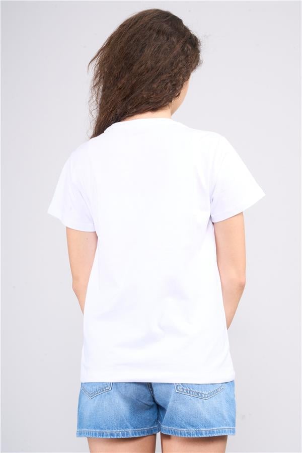 FitClub 32542 Kız Çocuk Bisiklet Yaka Penye Baskılı T-shirt 4-12 Yaş Beyaz-Pembe
