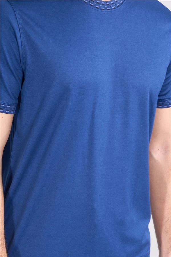 Halifaks A.Lacivert Erkek 12651 Trikolu Bısıklet Yaka Kısa Kol Etek Ribana Interlok T-Shirt