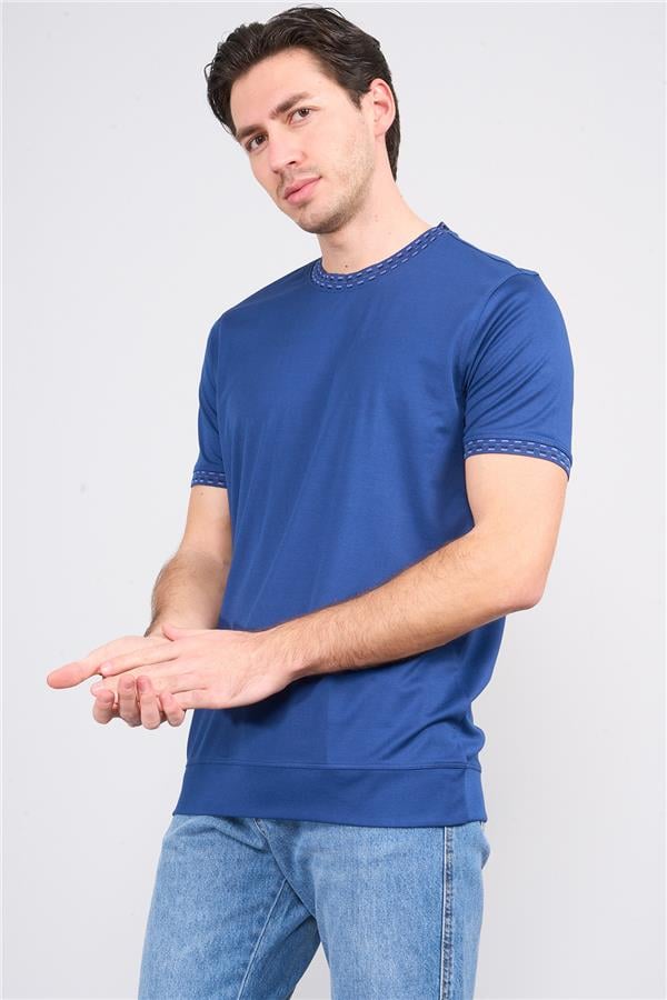 Halifaks A.Lacivert Erkek 12651 Trikolu Bısıklet Yaka Kısa Kol Etek Ribana Interlok T-Shirt