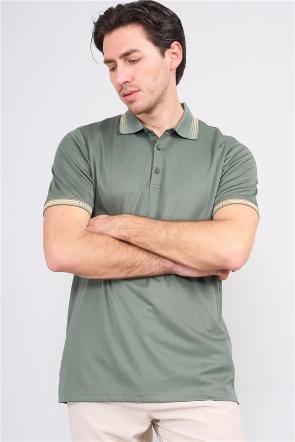 Halifaks Haki Erkek 12637 Düğmelı Kuşaklı Polo Kısa Kol Etek Recme Interlokok T-Shirt