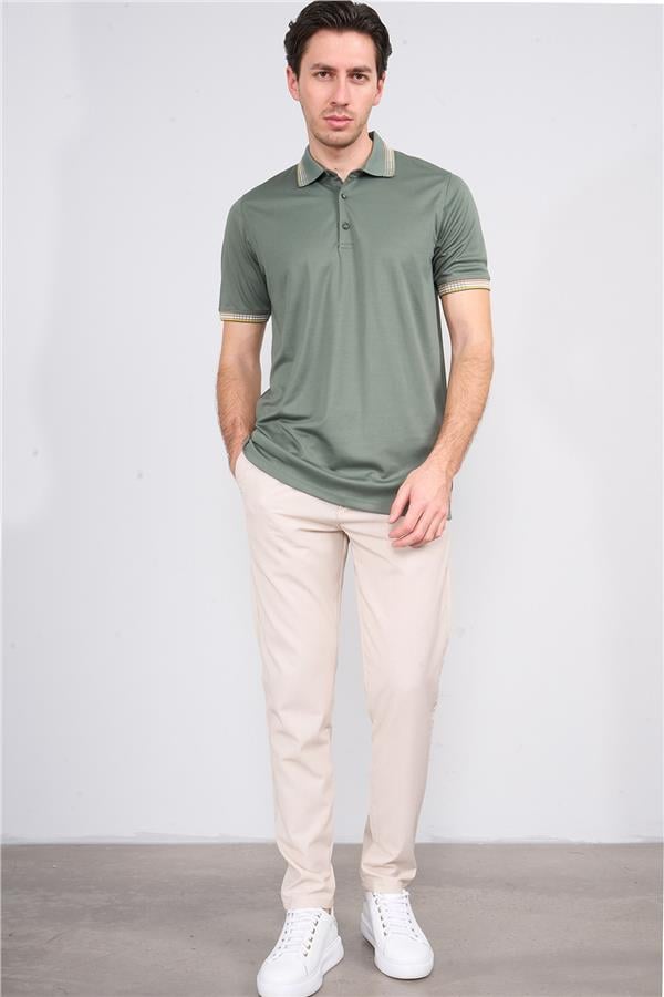 Halifaks Haki Erkek 12637 Düğmelı Kuşaklı Polo Kısa Kol Etek Recme Interlokok T-Shirt