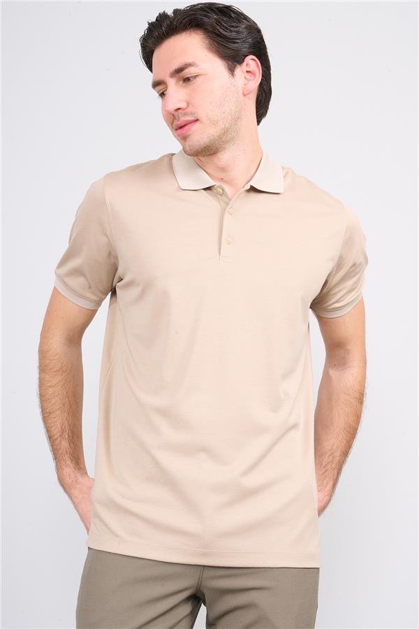 Halifaks K.Bej Erkek 12625 Düğmelı Polo Yaka Kısa Kol Etek Recme T-Shirt