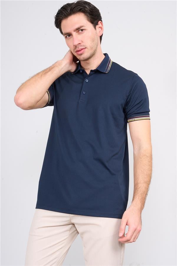 Halifaks Lacivert Erkek 12637 Düğmelı Kuşaklı Polo Kısa Kol Etek Recme Interlokok T-Shirt