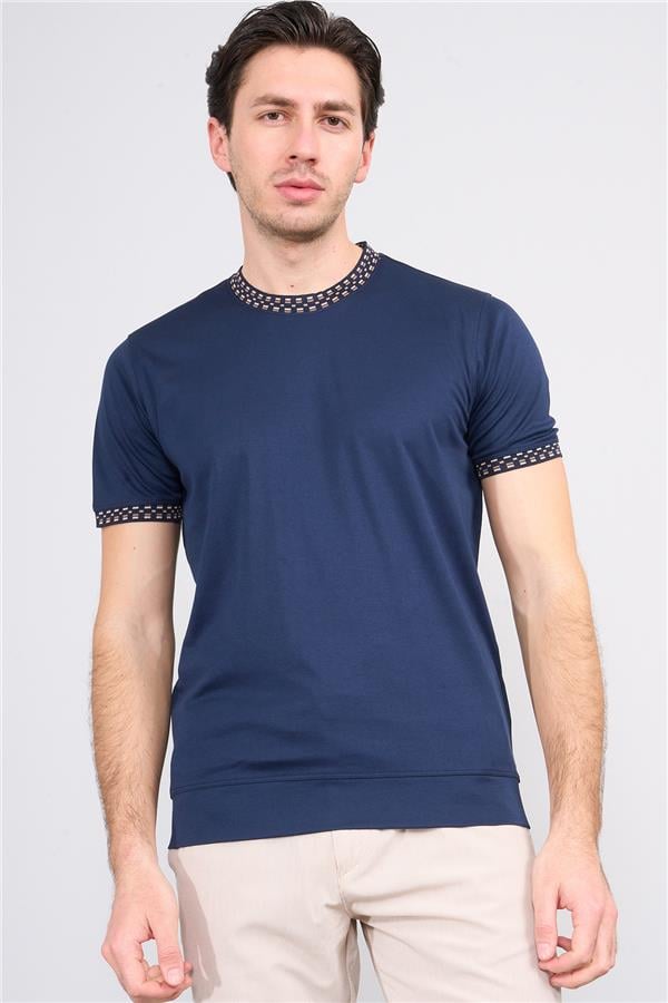 Halifaks Lacivert Erkek 12651 Trikolu Bısıklet Yaka Kısa Kol Etek Ribana Interlok T-Shirt