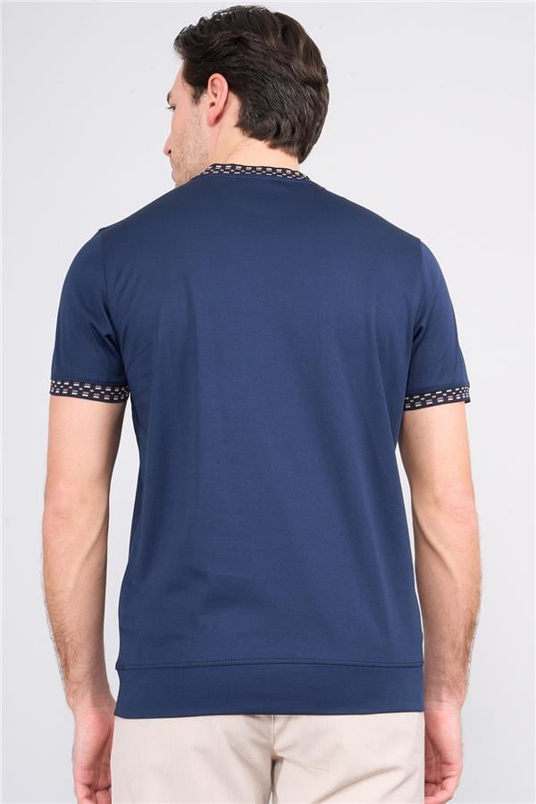 Halifaks Lacivert Erkek 12651 Trikolu Bısıklet Yaka Kısa Kol Etek Ribana Interlok T-Shirt