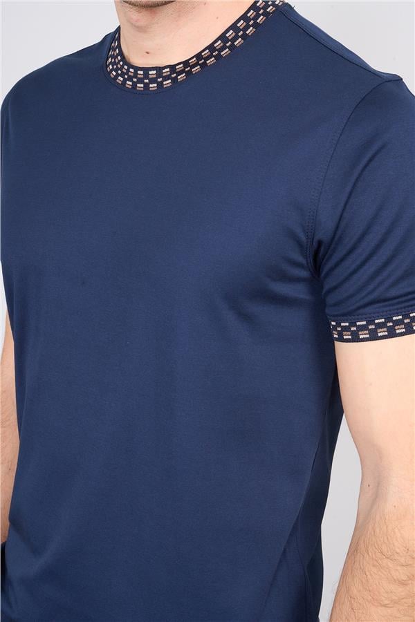 Halifaks Lacivert Erkek 12651 Trikolu Bısıklet Yaka Kısa Kol Etek Ribana Interlok T-Shirt