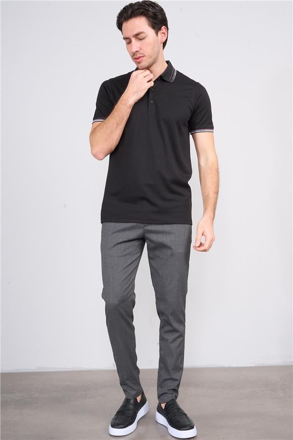 Halifaks Siyah Erkek 12637 Düğmelı Kuşaklı Polo Kısa Kol Etek Recme Interlokok T-Shirt