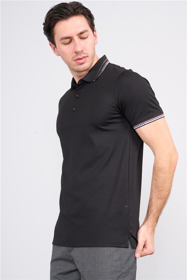 Halifaks Siyah Erkek 12637 Düğmelı Kuşaklı Polo Kısa Kol Etek Recme Interlokok T-Shirt