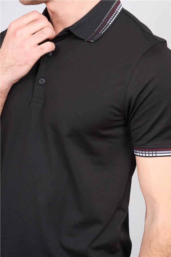Halifaks Siyah Erkek 12637 Düğmelı Kuşaklı Polo Kısa Kol Etek Recme Interlokok T-Shirt