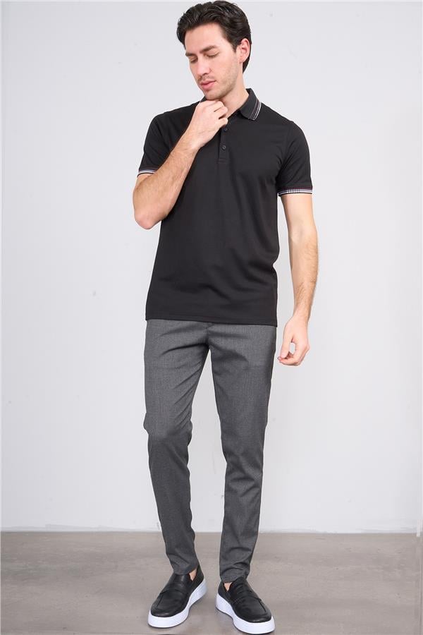 Halifaks Siyah Erkek 12637 Düğmelı Kuşaklı Polo Kısa Kol Etek Recme Interlokok T-Shirt