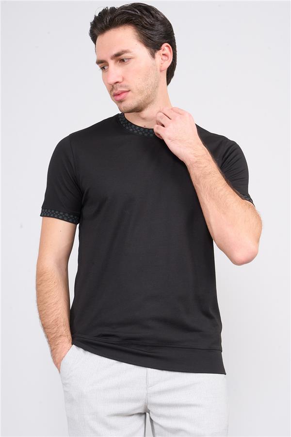 Halifaks Siyah Erkek 12651 Trikolu Bısıklet Yaka Kısa Kol Etek Ribana Interlok T-Shirt