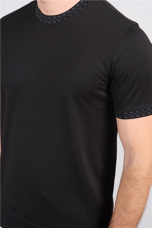 Halifaks Siyah Erkek 12651 Trikolu Bısıklet Yaka Kısa Kol Etek Ribana Interlok T-Shirt