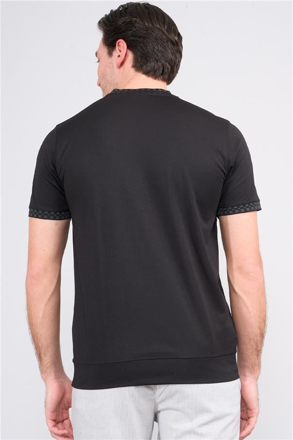 Halifaks Siyah Erkek 12651 Trikolu Bısıklet Yaka Kısa Kol Etek Ribana Interlok T-Shirt