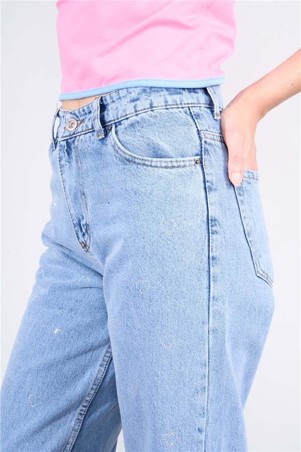 Helly Y25 2002 Mavi Kadın Taşlı Kalplı Palazzo Kot Pantolon