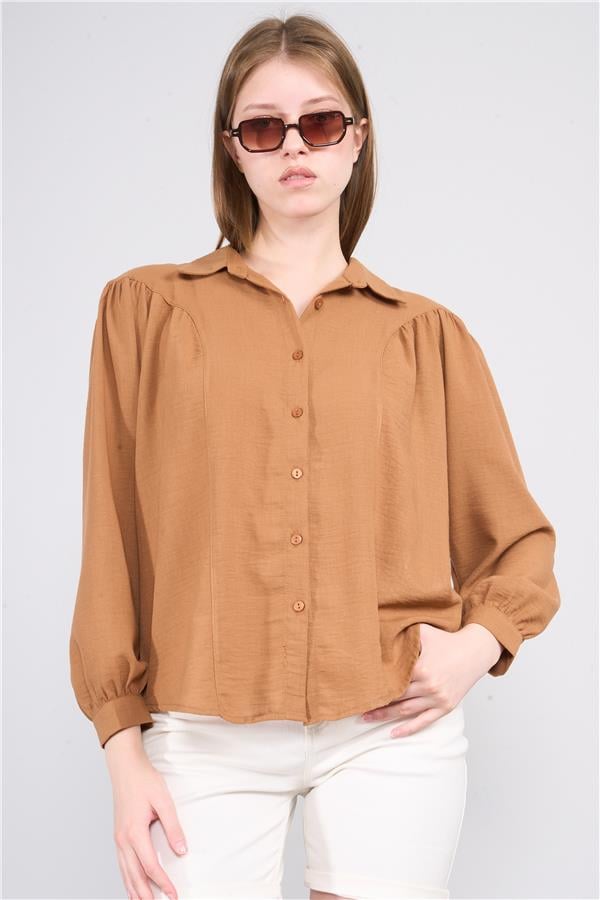 Hısset Y25 A51051 Taba Kadın Buzgulu Keten Gomlek