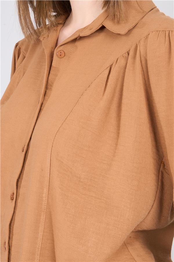 Hısset Y25 A51051 Taba Kadın Buzgulu Keten Gomlek