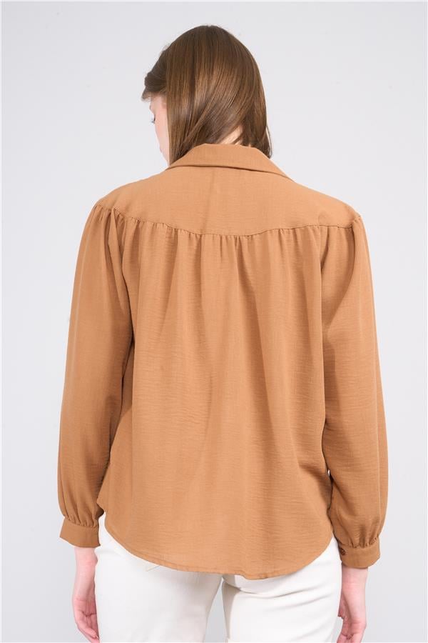 Hısset Y25 A51051 Taba Kadın Buzgulu Keten Gomlek