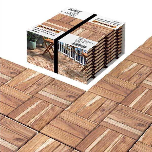 İnterbuild "Gerçek Masif ""Tik"" Ahşap Klasik Kilitli Yer Karosu (12 Slat'lı) 30x30 cm (10'lu Paket) - 675255"