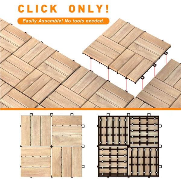 İnterbuild "Gerçek Masif ""Tik"" Ahşap Klasik Kilitli Yer Karosu (12 Slat'lı) 30x30 cm (10'lu Paket) - 675255"