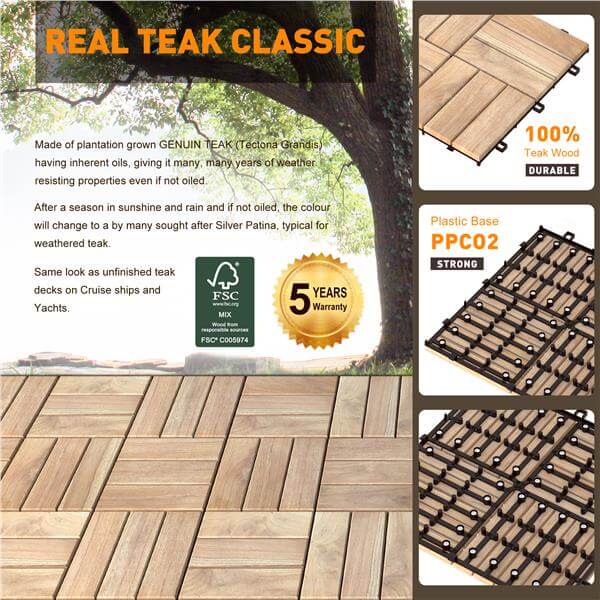 İnterbuild "Gerçek Masif ""Tik"" Ahşap Klasik Kilitli Yer Karosu (12 Slat'lı) 30x30 cm (10'lu Paket) - 675255"