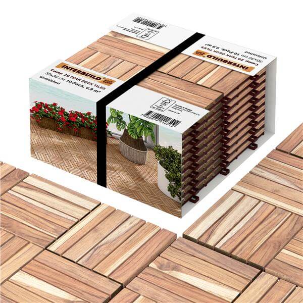 İnterbuild "Gerçek Masif "Tik" Ahşap Klasik Kilitli Yer Karosu (20 Slat'lı) 30x30 cm (10'lu Paket) - 675248