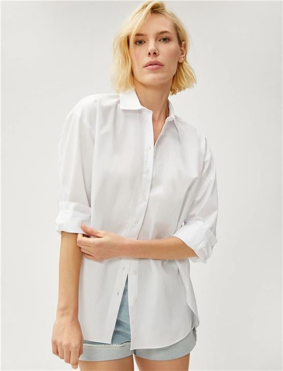 Koton 3Sak60011Pw 000 Beyaz Kadın Pamuk Woven Tops Uzun Kollu Gömlek