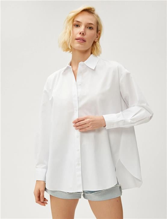 Koton 3Sak60011Pw 000 Beyaz Kadın Pamuk Woven Tops Uzun Kollu Gömlek