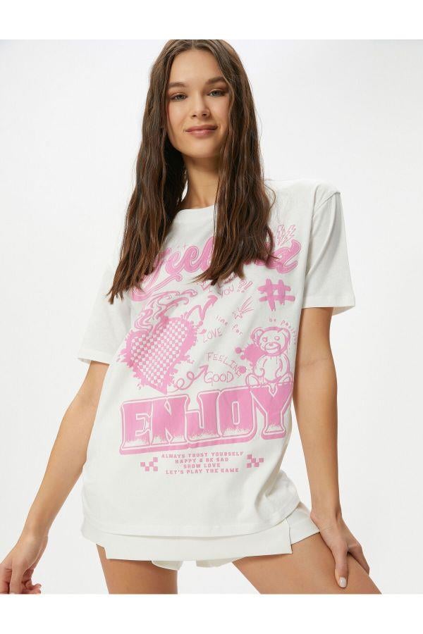 Koton 4Sal10030Ik 010 Ekru Genç Kız Pamuk Jersey Kısa Kollu T-Shirt