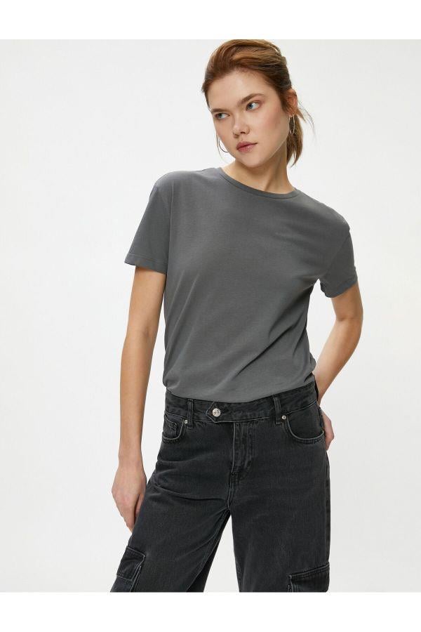 Koton 4Sal10224Ik 924 Antrasit Genç Kız Pamuk Jersey Kısa Kollu Basic T-Shirt