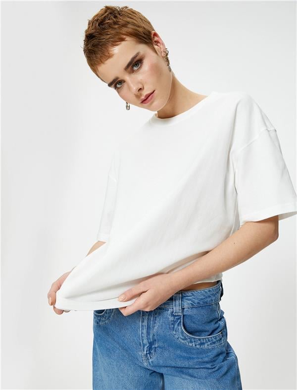 Koton 4Sal10232Ik 010 Ekru Genç Kız Jersey Kısa Kollu Basic T-Shirt