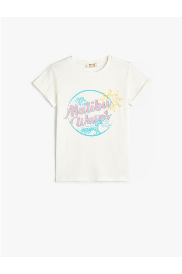 Koton 4Skg10111Ak 010 Ekru Kız Çocuk Jersey Pamuk Kısa Kollu T-shirt