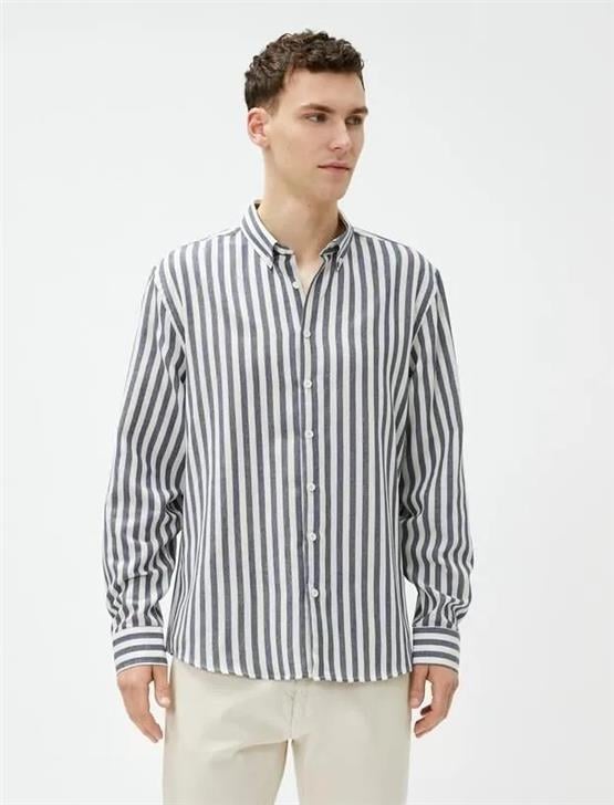 Koton 4Wam60021Hw 7S0 Lacivert Çizgili Erkek Pamuk Woven Tops Uzun Kollu Gömlek
