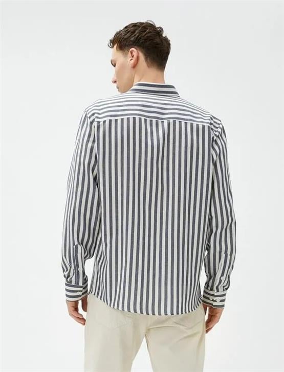 Koton 4Wam60021Hw 7S0 Lacivert Çizgili Erkek Pamuk Woven Tops Uzun Kollu Gömlek