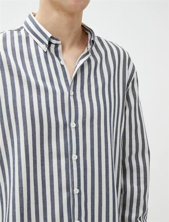 Koton 4Wam60021Hw 7S0 Lacivert Çizgili Erkek Pamuk Woven Tops Uzun Kollu Gömlek