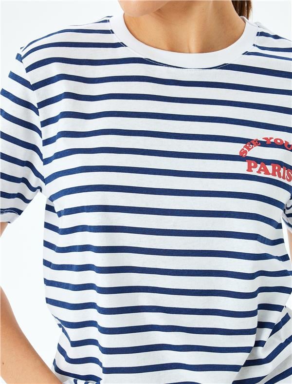 Koton 5Sak50139Ek 7S1 Lacıvert Cızgılı Kadın Pamuk Jersey Kısa Kollu T-Shırt