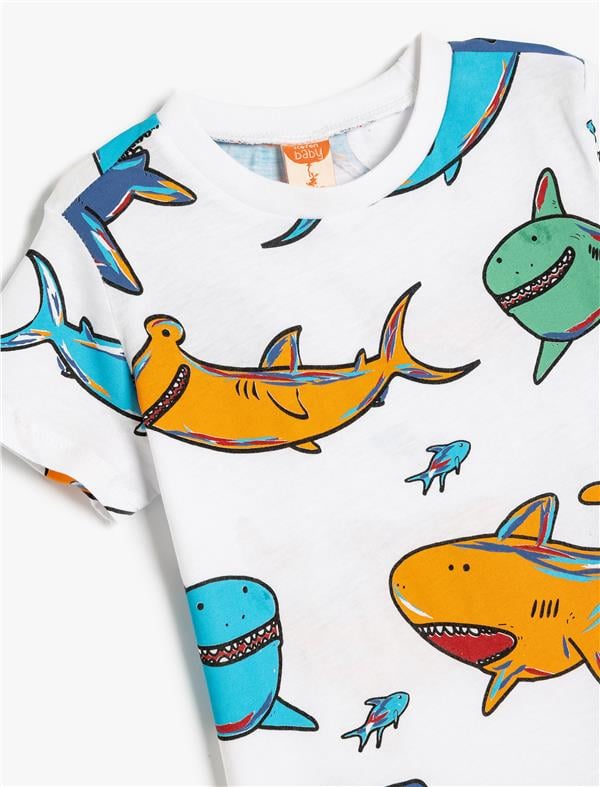 Koton 5Smb10043Tk 0D1 Ekru Desenlı Erkek Bebek Pamuk Jersey Kısa Kollu T-Shırt