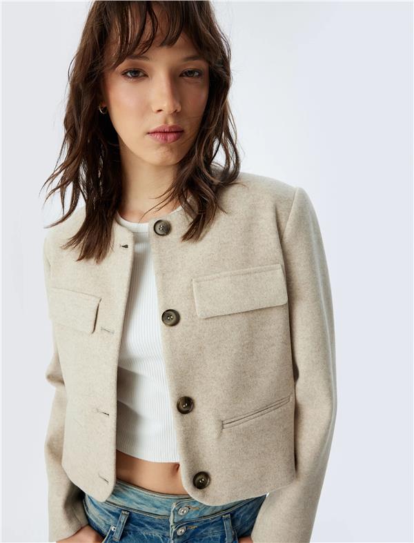 Koton 5Wak20202Ew 565 Vizon Kadın Vıskoz Outerwear Kaşe Ceket