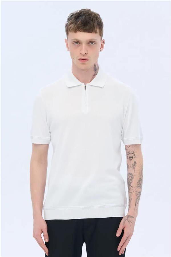 Massımo 66565 Beyaz Erkek Fermuarlı Polo Yaka Trıko T-Shırt