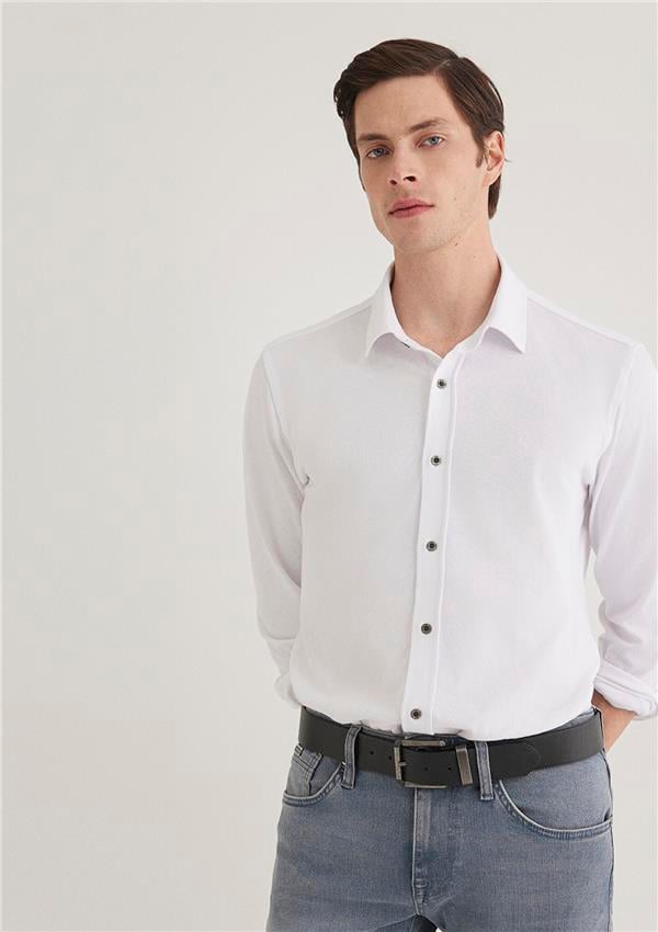 Mavi 021638-620 13 Beyaz Fitted Uzun Kollu Erkek Örme Gömlek